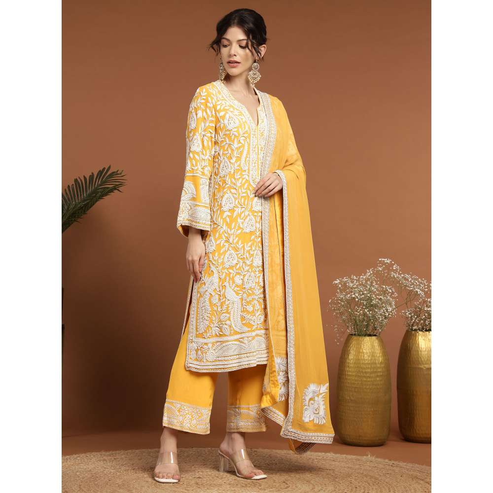 RIRASA Mohish Georgette Yellow Kurta with Pant and Dupatta (Set of 3)
