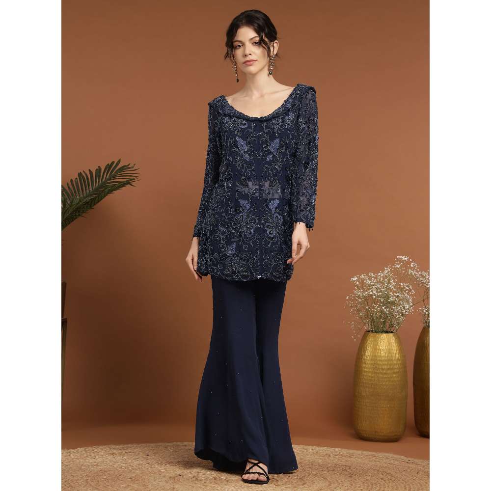 RIRASA Jagadish Net Navy Blue Kurta with Sharara and Slip (Set of 3)