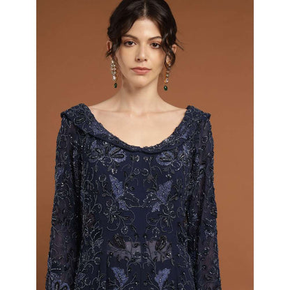 RIRASA Jagadish Net Navy Blue Kurta with Sharara and Slip (Set of 3)