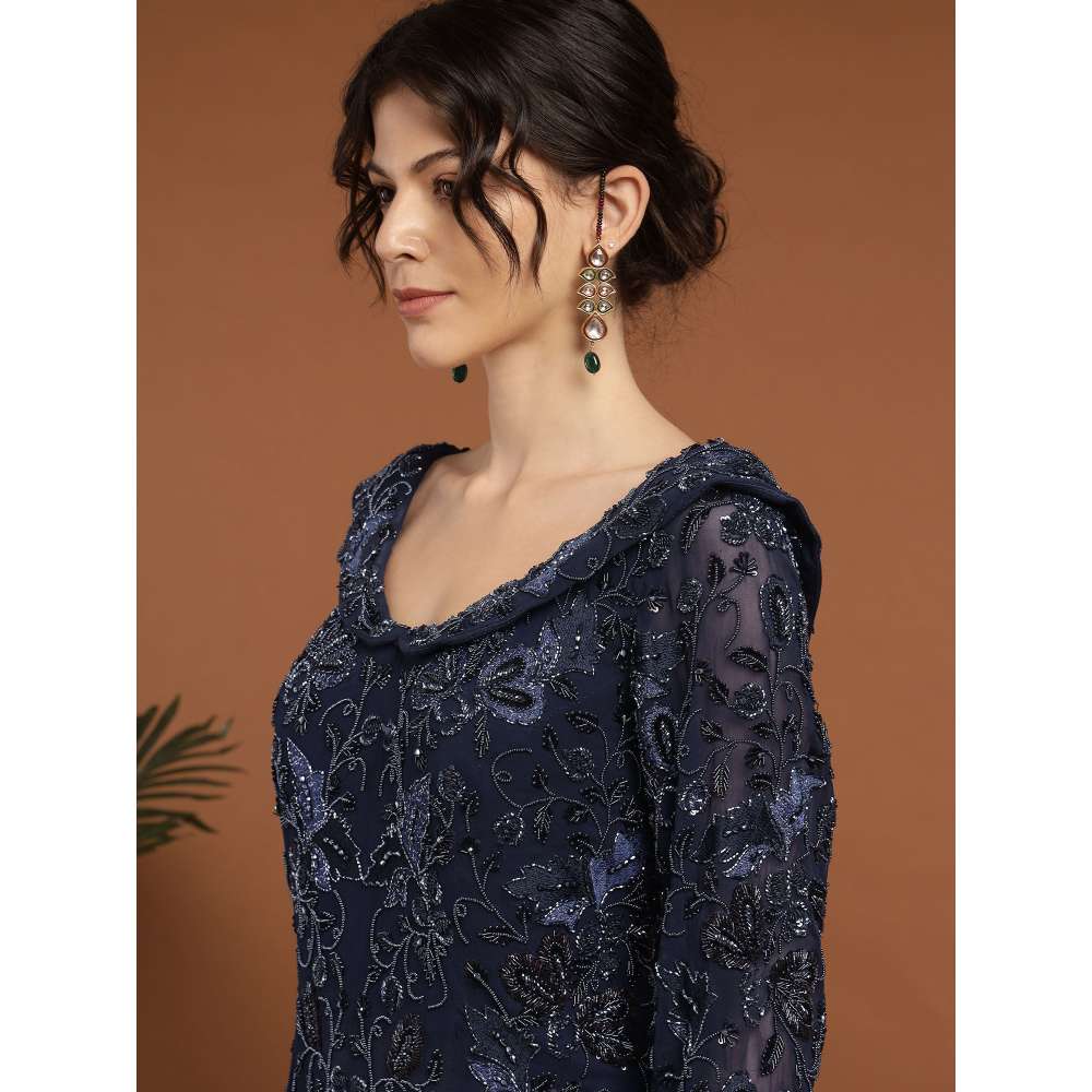 RIRASA Jagadish Net Navy Blue Kurta with Sharara and Slip (Set of 3)