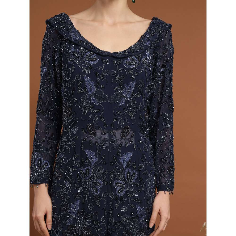RIRASA Jagadish Net Navy Blue Kurta with Sharara and Slip (Set of 3)