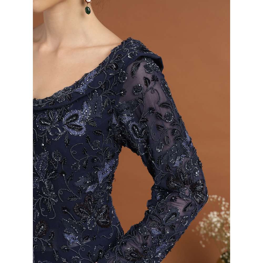 RIRASA Jagadish Net Navy Blue Kurta with Sharara and Slip (Set of 3)