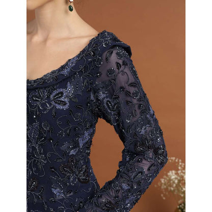 RIRASA Jagadish Net Navy Blue Kurta with Sharara and Slip (Set of 3)