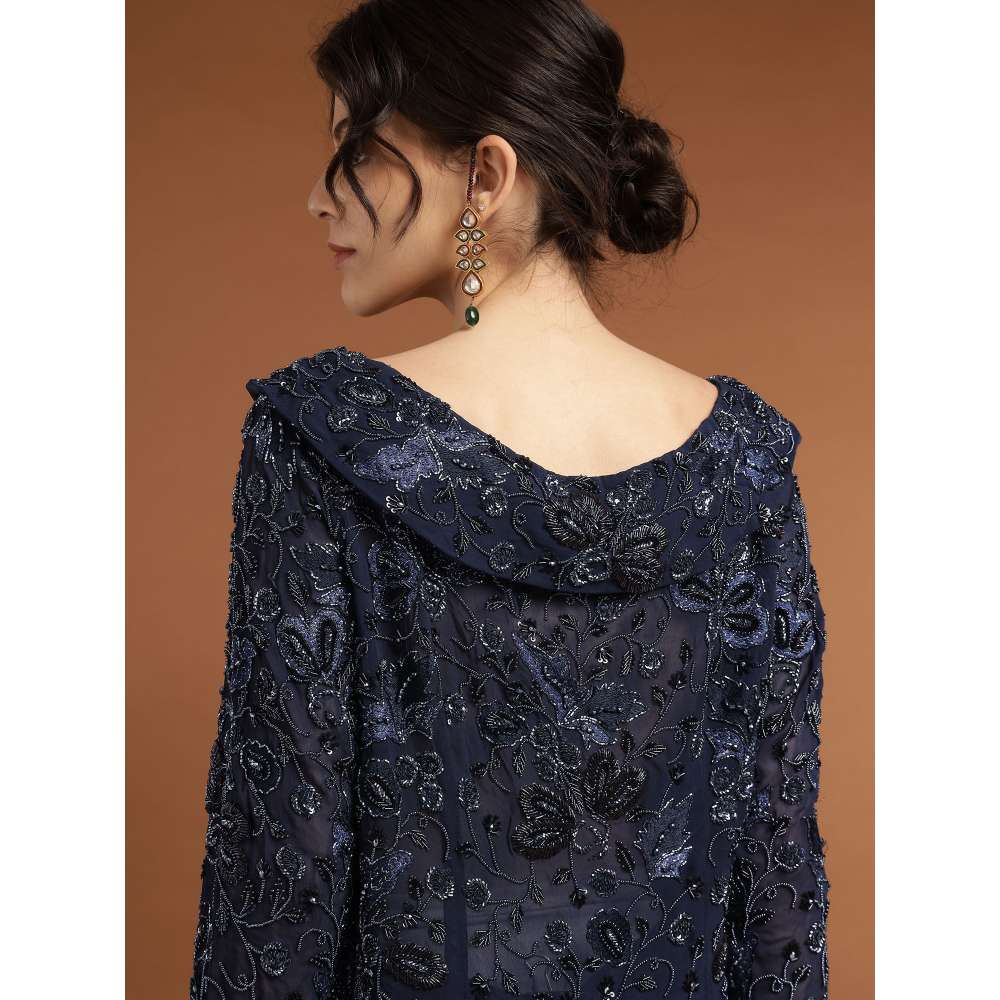 RIRASA Jagadish Net Navy Blue Kurta with Sharara and Slip (Set of 3)