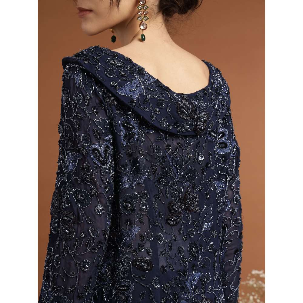 RIRASA Jagadish Net Navy Blue Kurta with Sharara and Slip (Set of 3)