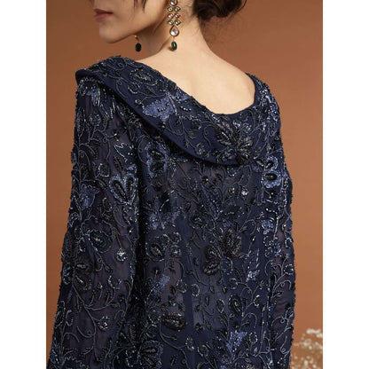 RIRASA Jagadish Net Navy Blue Kurta with Sharara and Slip (Set of 3)