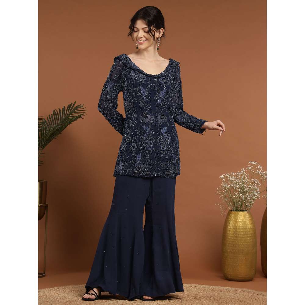 RIRASA Jagadish Net Navy Blue Kurta with Sharara and Slip (Set of 3)