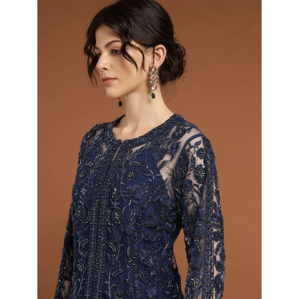 RIRASA Nidhi Net Navy Blue Jacket with Pant and Slip (Set of 3)