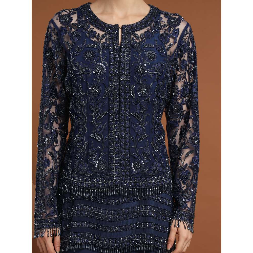 RIRASA Nidhi Net Navy Blue Jacket with Pant and Slip (Set of 3)