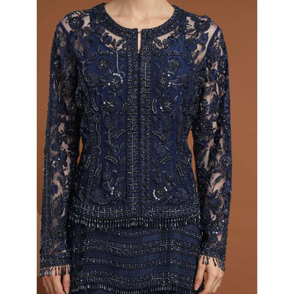 RIRASA Nidhi Net Navy Blue Jacket with Pant and Slip (Set of 3)