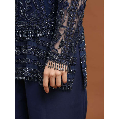 RIRASA Nidhi Net Navy Blue Jacket with Pant and Slip (Set of 3)