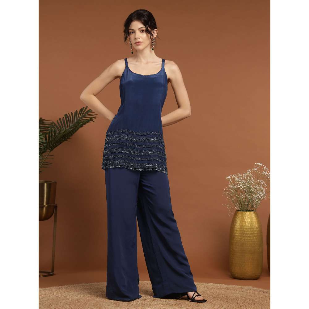 RIRASA Nidhi Net Navy Blue Jacket with Pant and Slip (Set of 3)