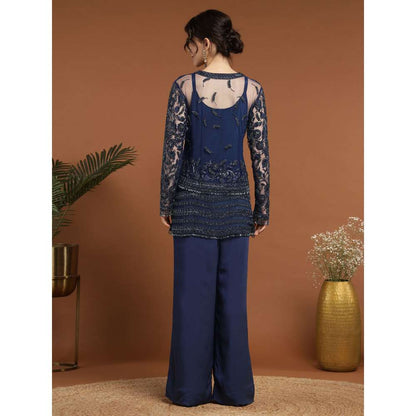 RIRASA Nidhi Net Navy Blue Jacket with Pant and Slip (Set of 3)