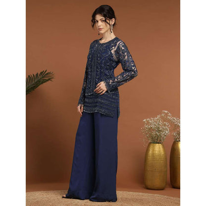 RIRASA Nidhi Net Navy Blue Jacket with Pant and Slip (Set of 3)