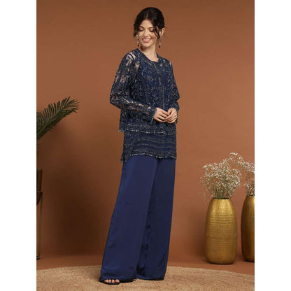 RIRASA Nidhi Net Navy Blue Jacket with Pant and Slip (Set of 3)