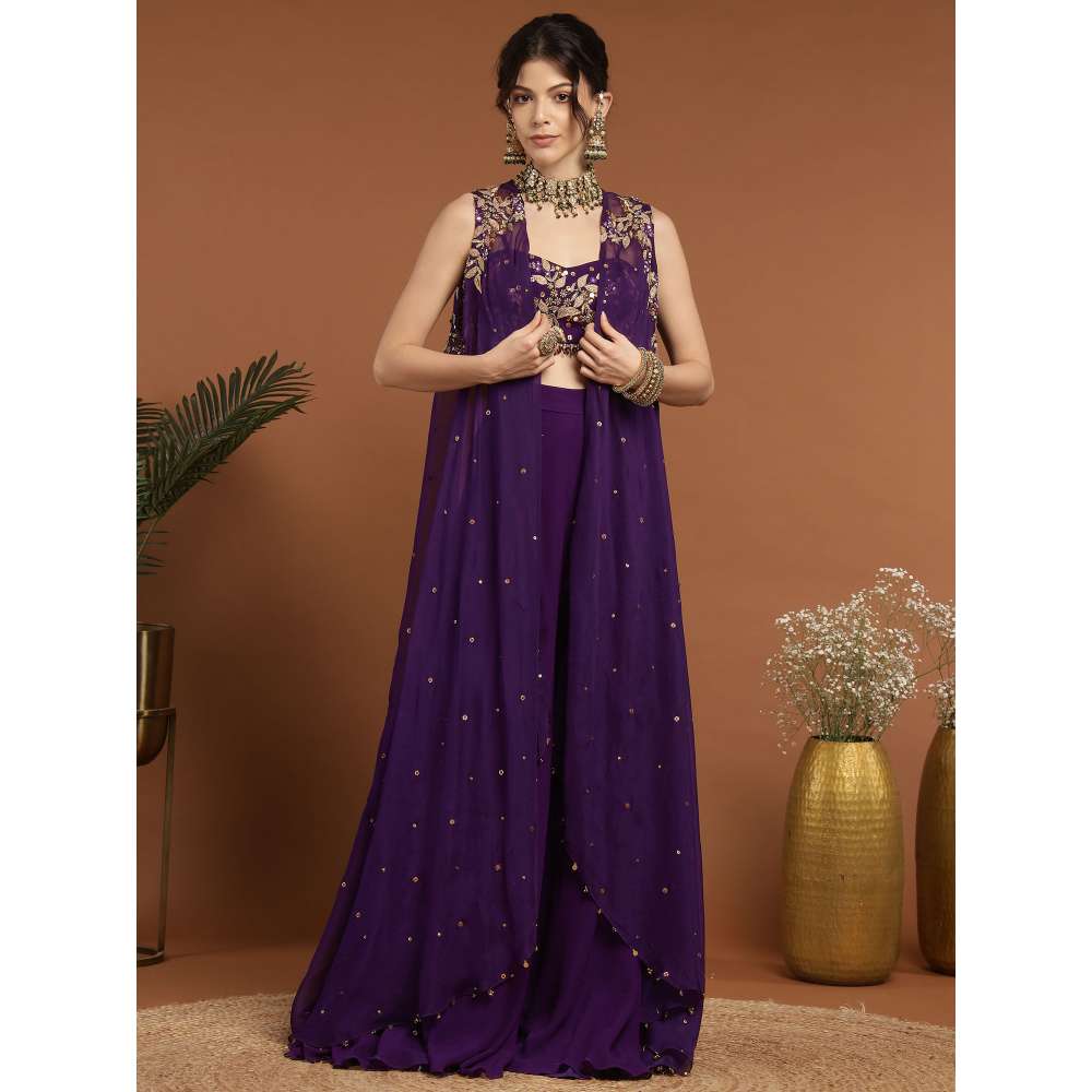 RIRASA Amrit Georgette Purple Bustier with Sharara and Cape (Set of 3)
