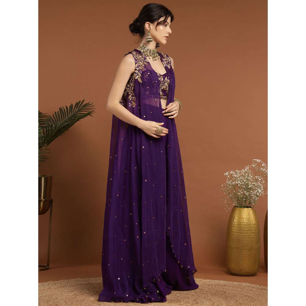 RIRASA Amrit Georgette Purple Bustier with Sharara and Cape (Set of 3)