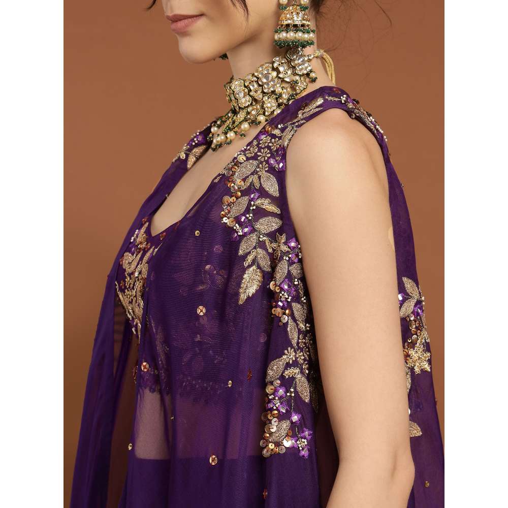 RIRASA Amrit Georgette Purple Bustier with Sharara and Cape (Set of 3)