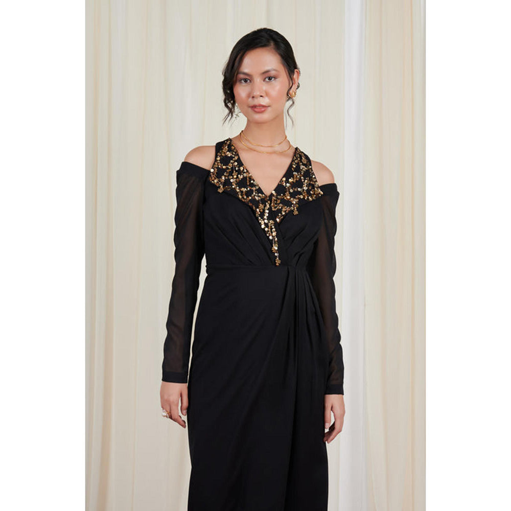 RIRASA Ardhapataka Black Embroidered Drape Dress