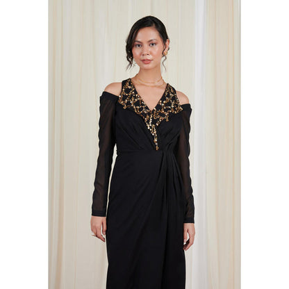 RIRASA Ardhapataka Black Embroidered Drape Dress