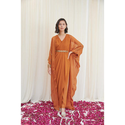 RIRASA Shivalinga Set Mustard Drape Dress With Embroidered Belt And Cape