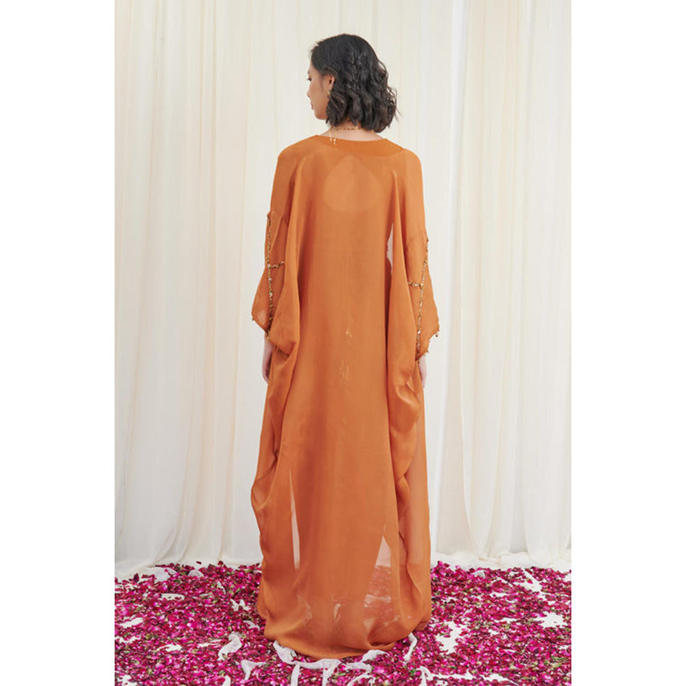 RIRASA Shivalinga Set Mustard Drape Dress With Embroidered Belt And Cape