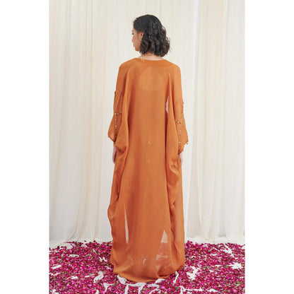 RIRASA Shivalinga Set Mustard Drape Dress With Embroidered Belt And Cape