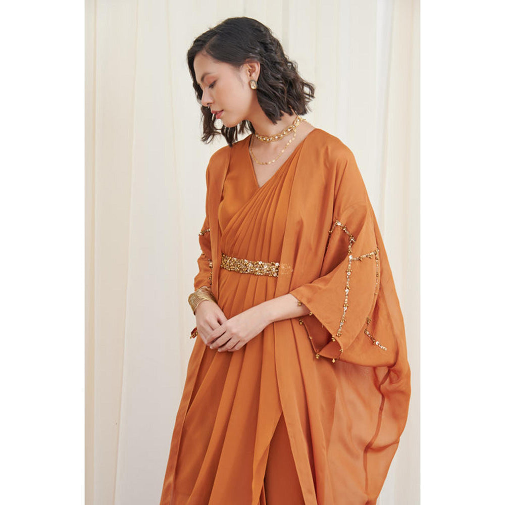 RIRASA Shivalinga Set Mustard Drape Dress With Embroidered Belt And Cape
