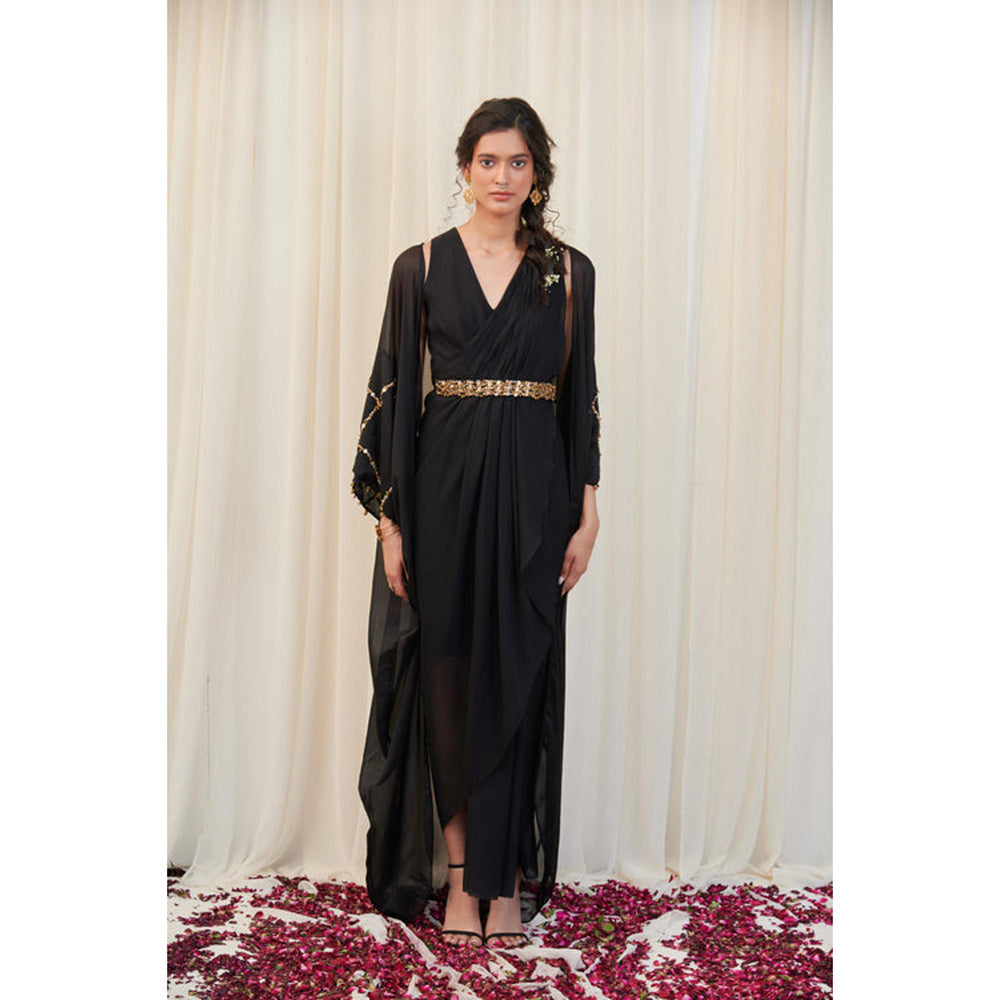 RIRASA Sampata Set Black Drape Dress With Embroidered Belt And Cape