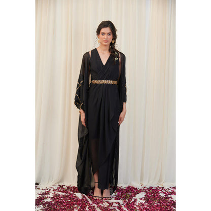 RIRASA Sampata Set Black Drape Dress With Embroidered Belt And Cape