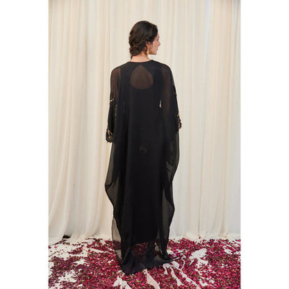RIRASA Sampata Set Black Drape Dress With Embroidered Belt And Cape