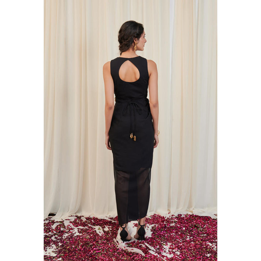 RIRASA Sampata Set Black Drape Dress With Embroidered Belt And Cape