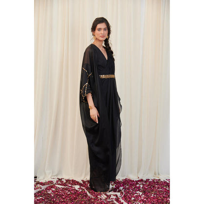 RIRASA Sampata Set Black Drape Dress With Embroidered Belt And Cape