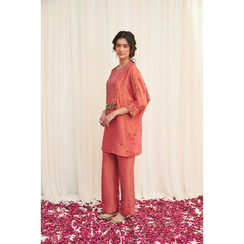 RIRASA Mayurakhya Pink Embroidered Tissue Kurta With Pants