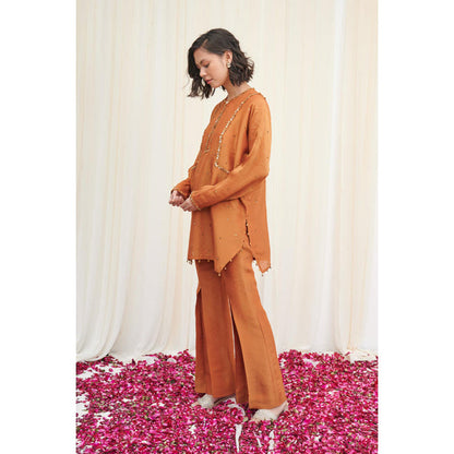 RIRASA Mayur Mustard Embroidered Tissue Kurta With Pants