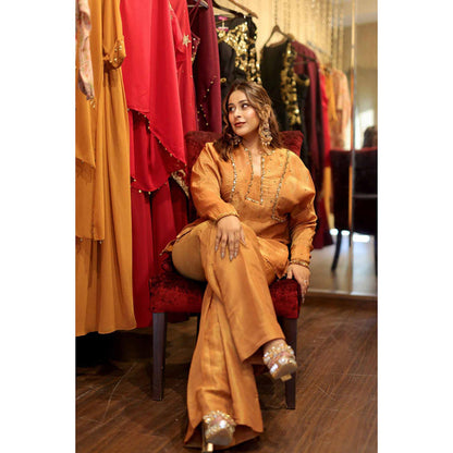 RIRASA Mayur Mustard Embroidered Tissue Kurta With Pants