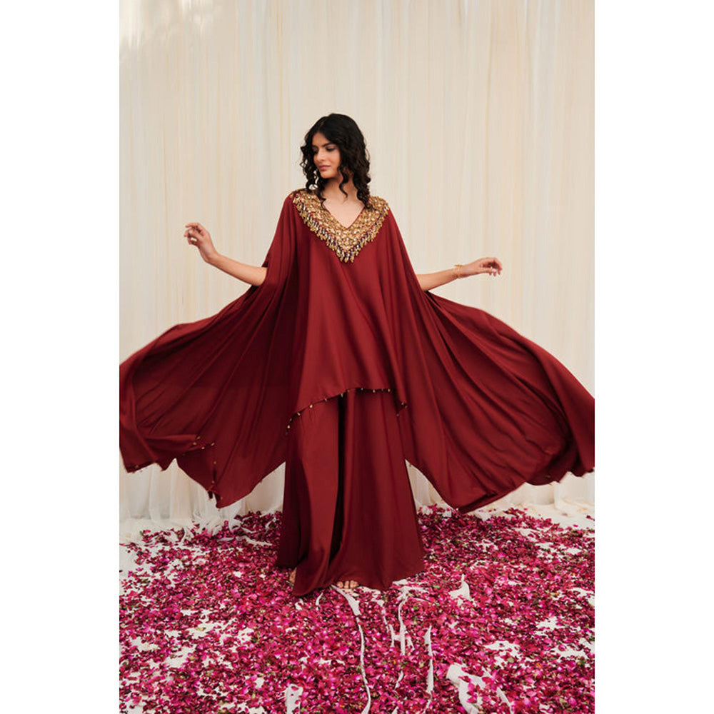 RIRASA Bhramara Maroon Hand Embroidered Voluminous Cape With Sharara