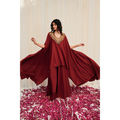 RIRASA Bhramara Maroon Hand Embroidered Voluminous Cape With Sharara