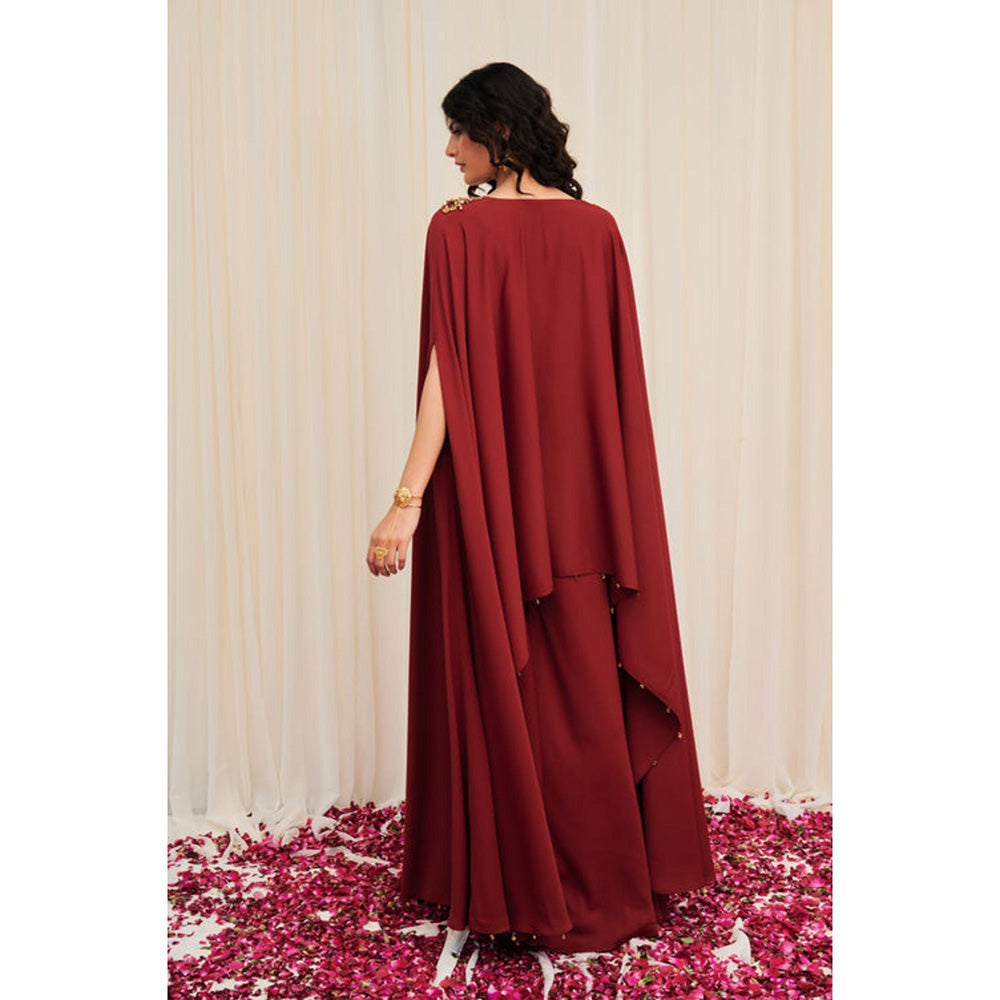 RIRASA Bhramara Maroon Hand Embroidered Voluminous Cape With Sharara