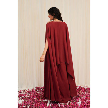 RIRASA Bhramara Maroon Hand Embroidered Voluminous Cape With Sharara