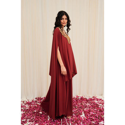 RIRASA Bhramara Maroon Hand Embroidered Voluminous Cape With Sharara
