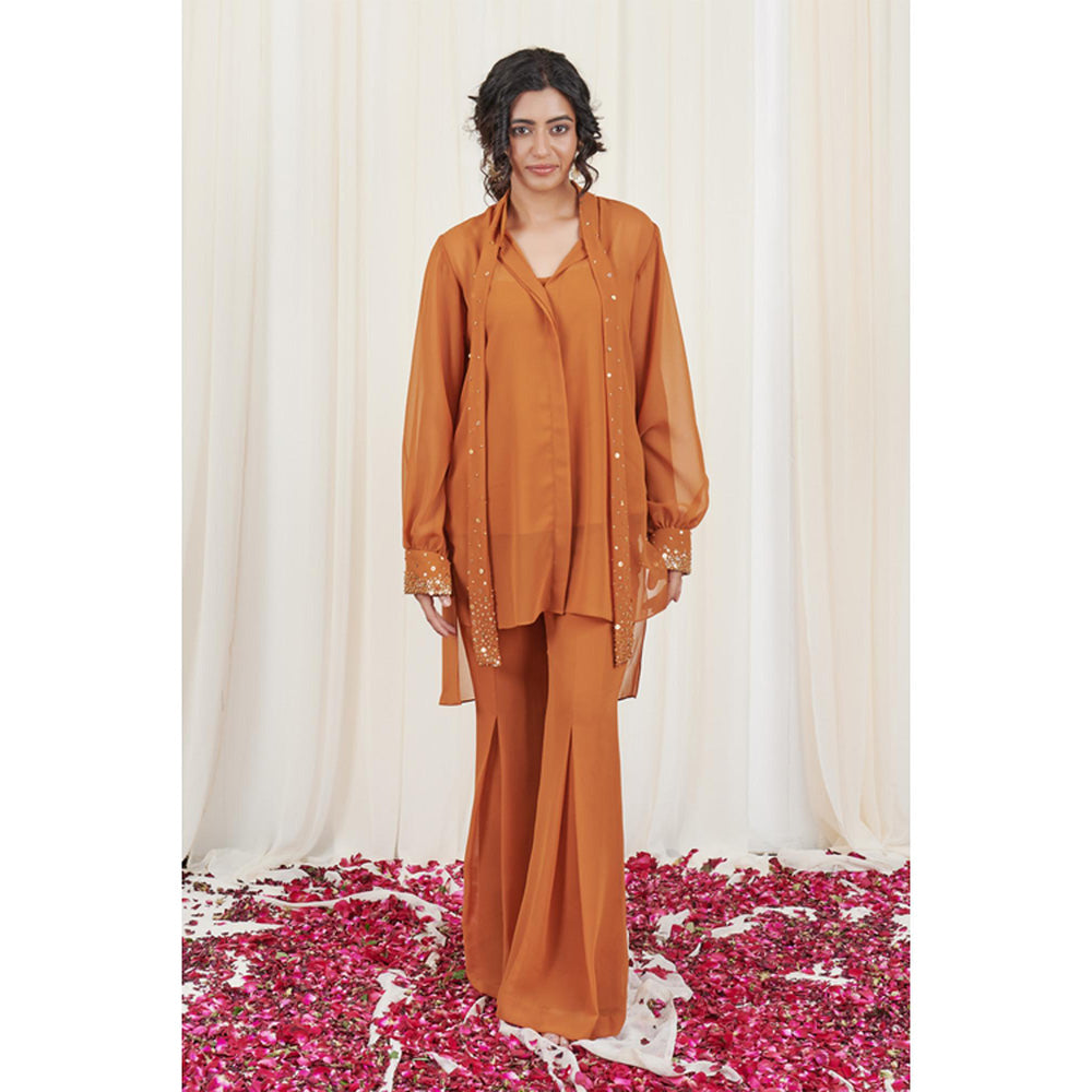 RIRASA Kapitth Set Mustard Sequin High Low Top With Pants