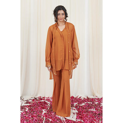 RIRASA Kapitth Set Mustard Sequin High Low Top With Pants