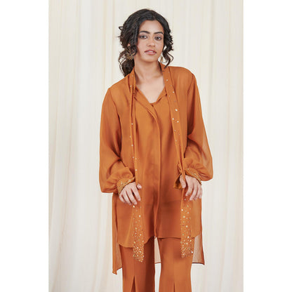 RIRASA Kapitth Set Mustard Sequin High Low Top With Pants