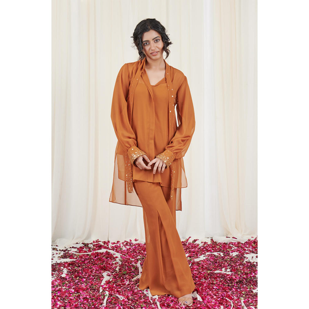 RIRASA Kapitth Set Mustard Sequin High Low Top With Pants