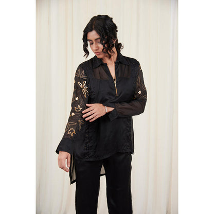 RIRASA Kapotha Set Black Organza Embroidered Shirt With Pants