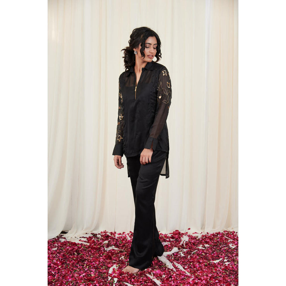 RIRASA Kapotha Set Black Organza Embroidered Shirt With Pants