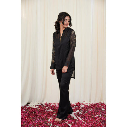 RIRASA Kapotha Set Black Organza Embroidered Shirt With Pants