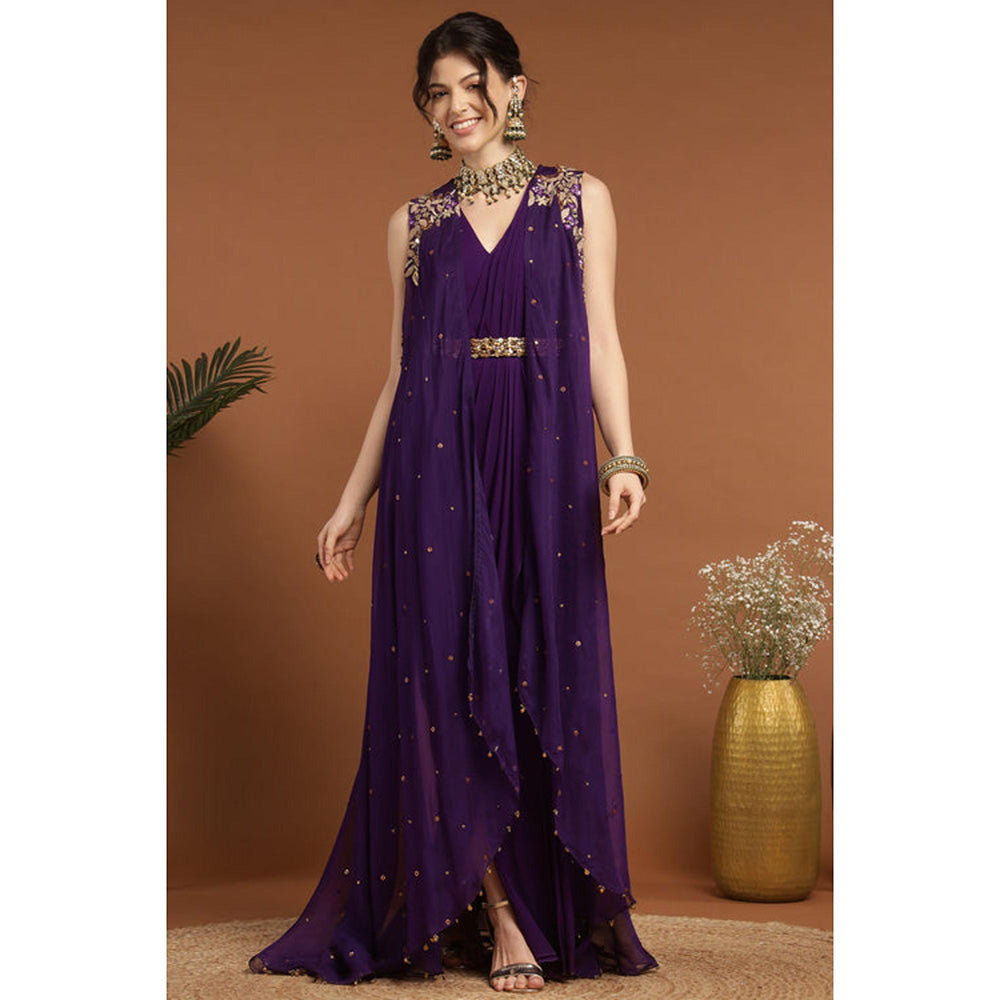 RIRASA Anjana Purple Cape With Belt And Palazzo