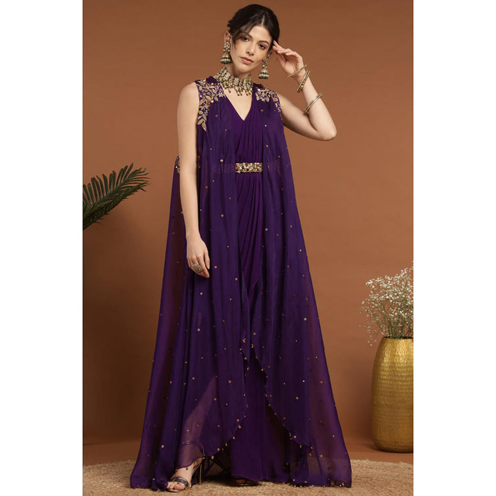 RIRASA Anjana Purple Cape With Belt And Palazzo